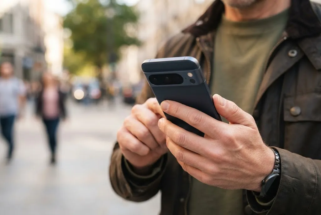 A person browsing on a smartphone in a busy city street